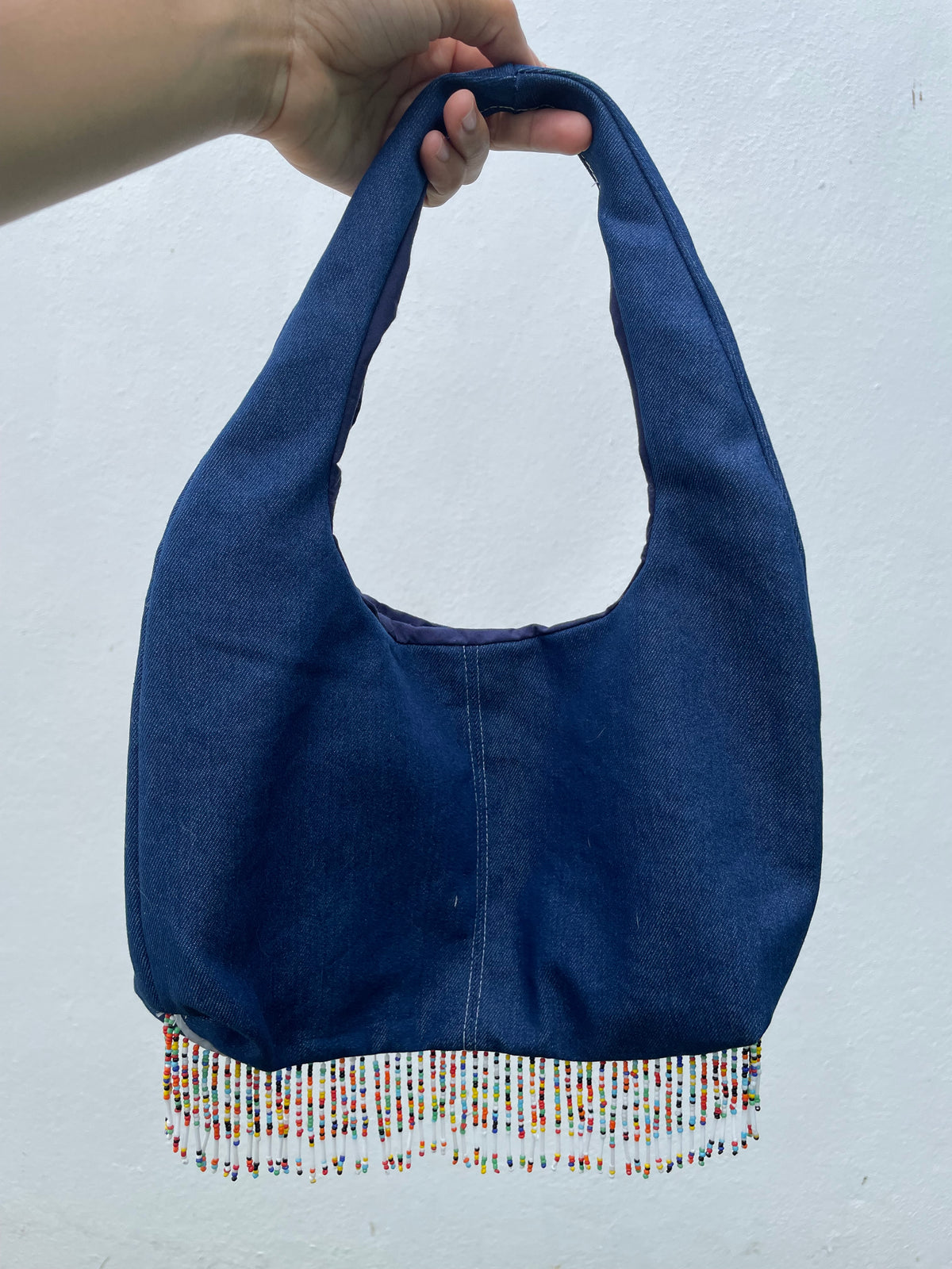 Denim mini handbag - beaded fringe
