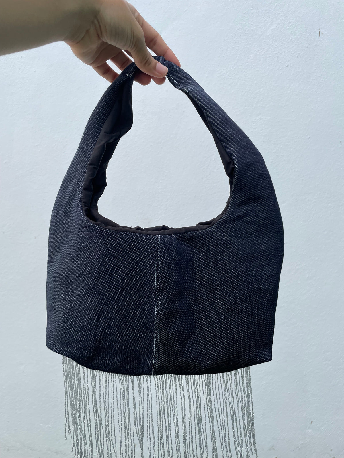 Denim mini handbag - metallic fringe